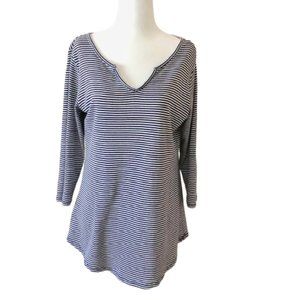 EDDIE BAUER Navy/White Striped Top Tunic Cotton Knit 3/4 Sleeve V-Neck Large